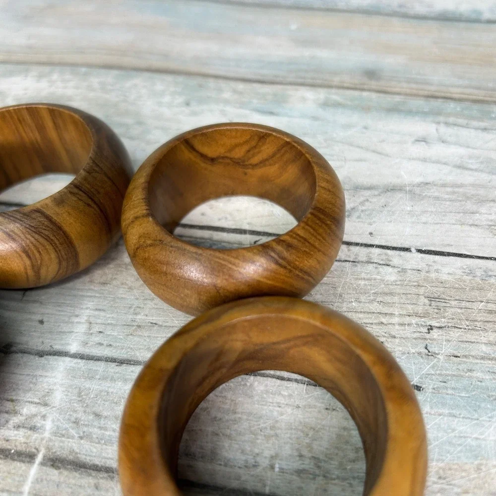 Vintage Bohemian Wooden Round Napkin Rings Natural Brown Table Setting Boho MCM